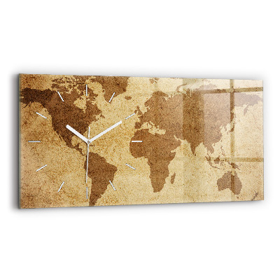 Glass wall clock rectangular Vintage world map
