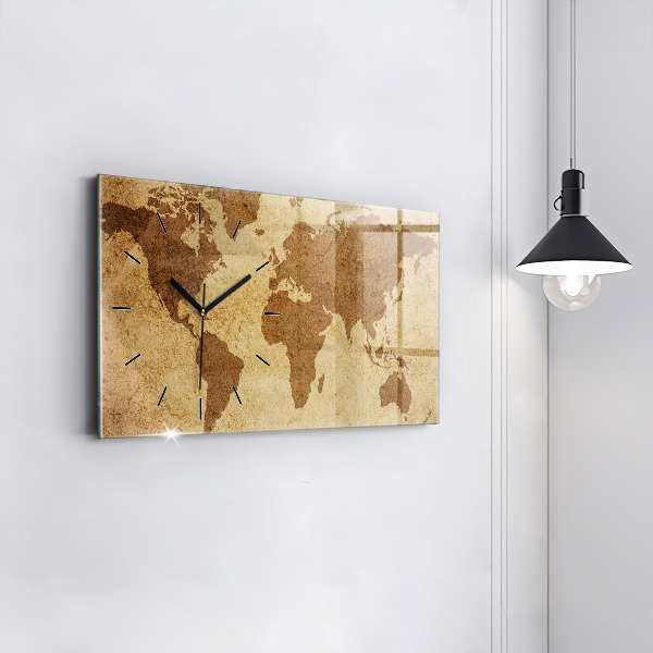 Glass wall clock rectangular Vintage world map