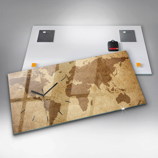 Glass wall clock rectangular Vintage world map