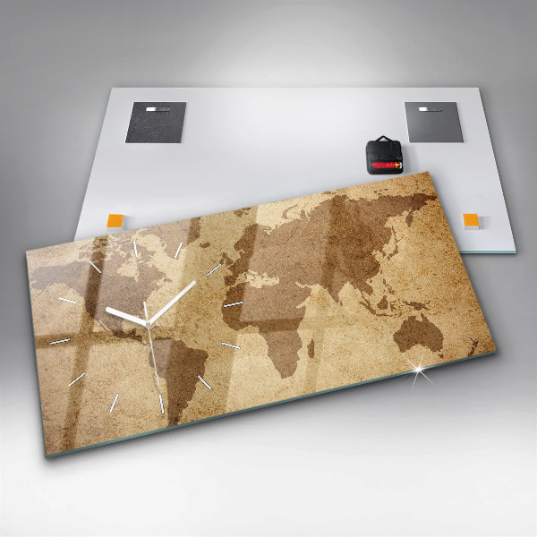 Glass wall clock rectangular Vintage world map