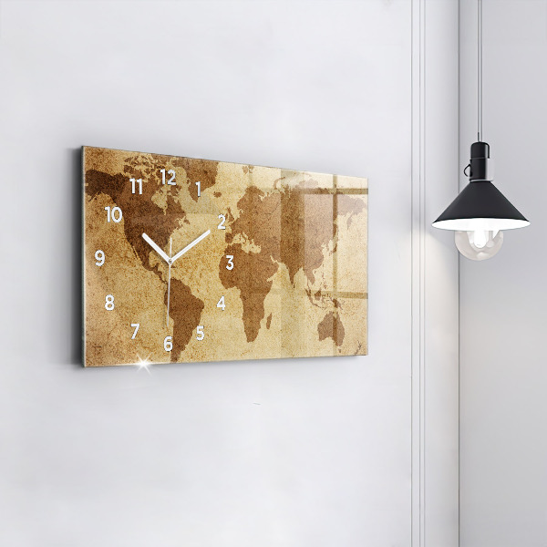Glass wall clock rectangular Vintage world map
