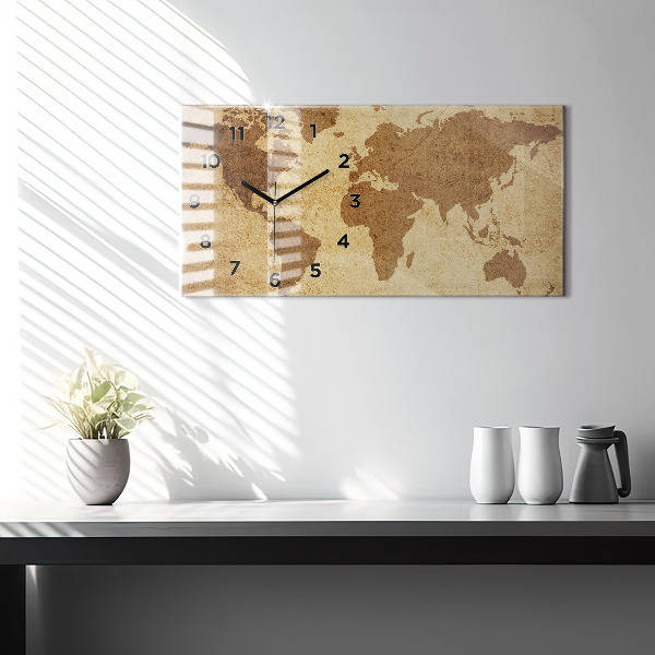 Glass wall clock rectangular Vintage world map