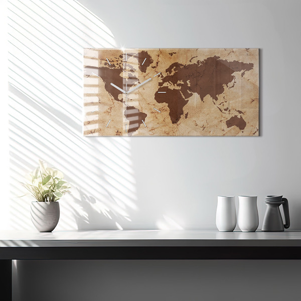 Glass wall clock rectangular Vintage world map