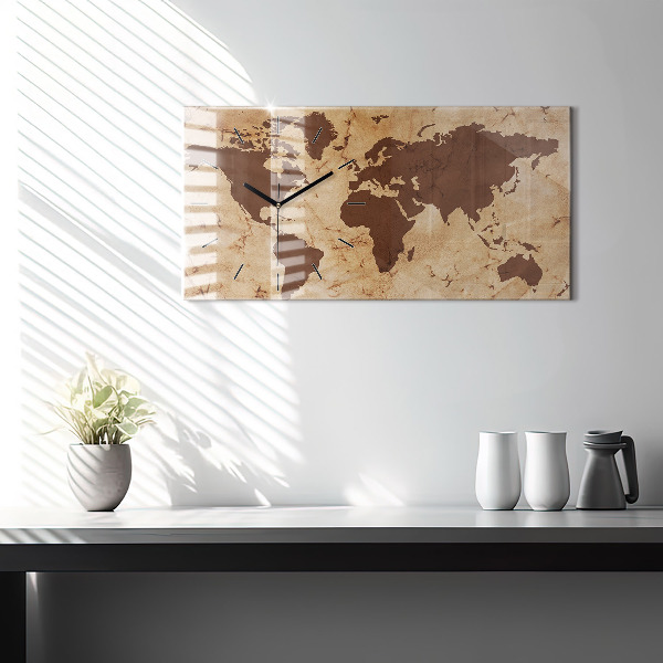 Glass wall clock rectangular Vintage world map