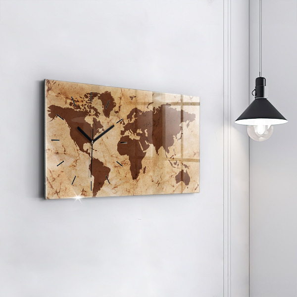 Glass wall clock rectangular Vintage world map