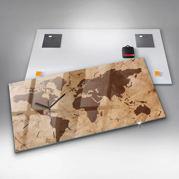 Glass wall clock rectangular Vintage world map