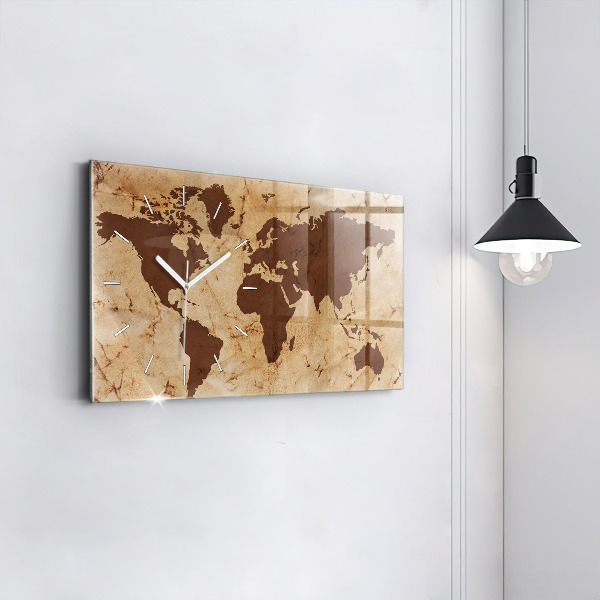 Glass wall clock rectangular Vintage world map