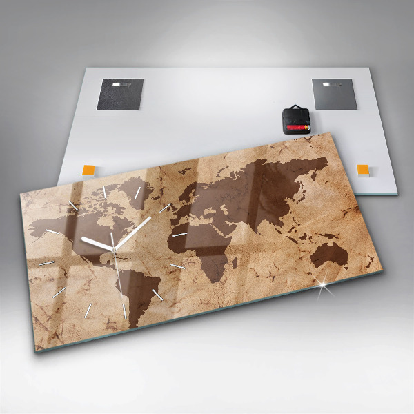 Glass wall clock rectangular Vintage world map