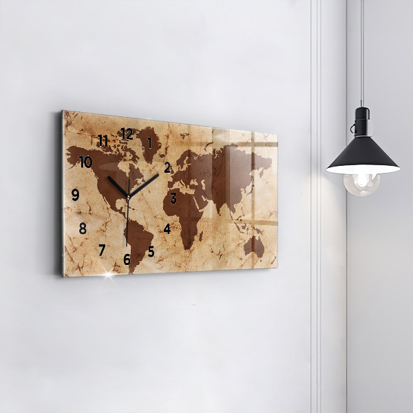 Glass wall clock rectangular Vintage world map