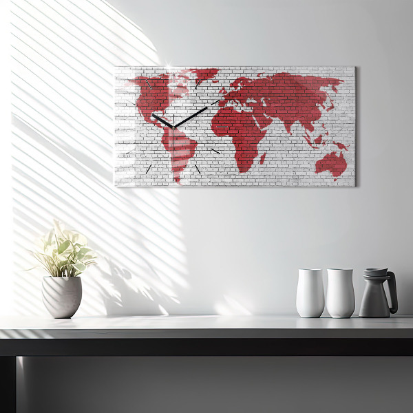 Glass wall clock rectangular Brick Wall World Map