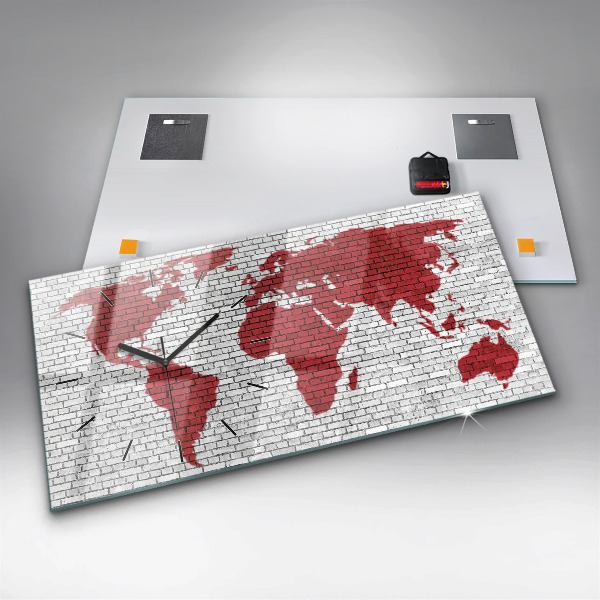Glass wall clock rectangular Brick Wall World Map