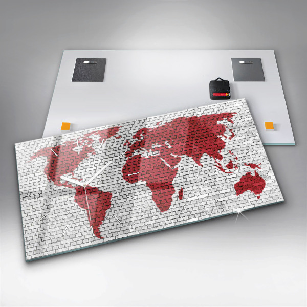 Glass wall clock rectangular Brick Wall World Map