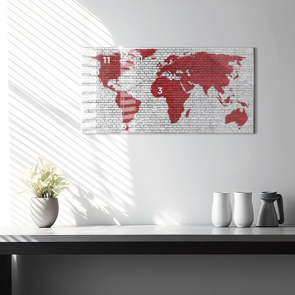 Glass wall clock rectangular Brick Wall World Map