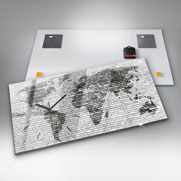 Glass wall clock rectangular Brick Wall World Map