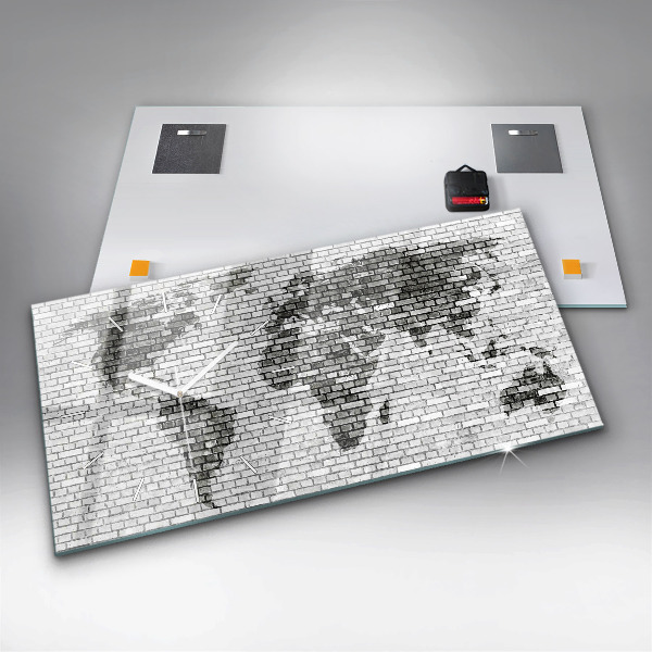Glass wall clock rectangular Brick Wall World Map