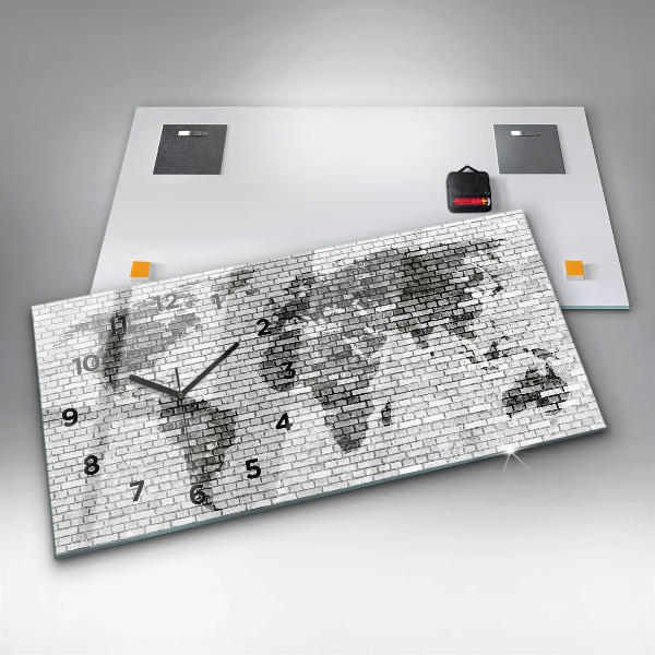 Glass wall clock rectangular Brick Wall World Map
