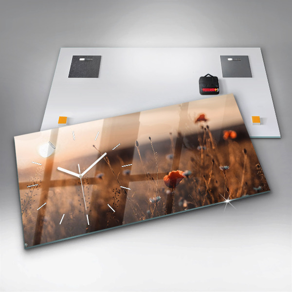 Glass wall clock rectangular Field sunrise