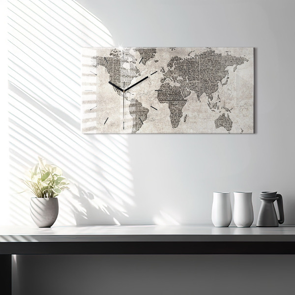Glass wall clock rectangular World map newspaper