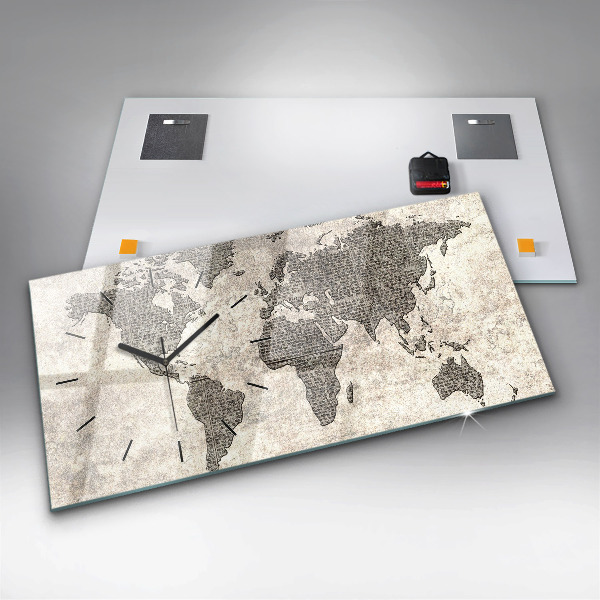 Glass wall clock rectangular World map newspaper