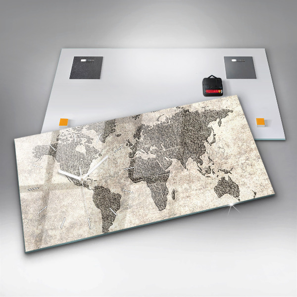 Glass wall clock rectangular World map newspaper