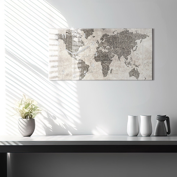 Glass wall clock rectangular World map newspaper