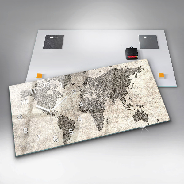 Glass wall clock rectangular World map newspaper