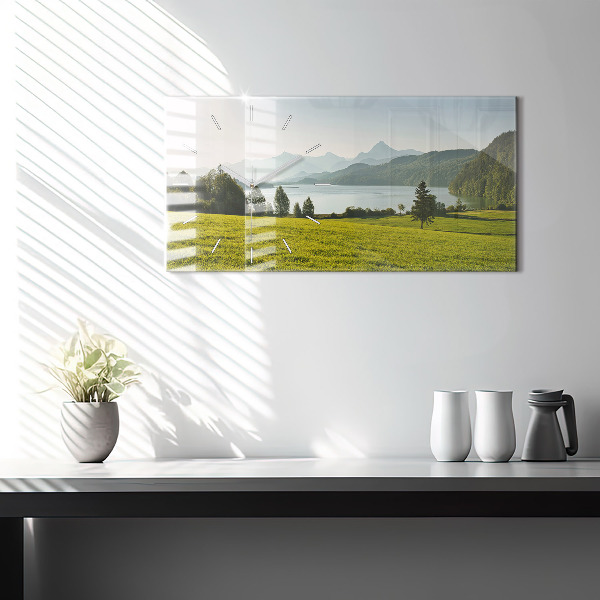 Glass wall clock rectangular Mountains and field