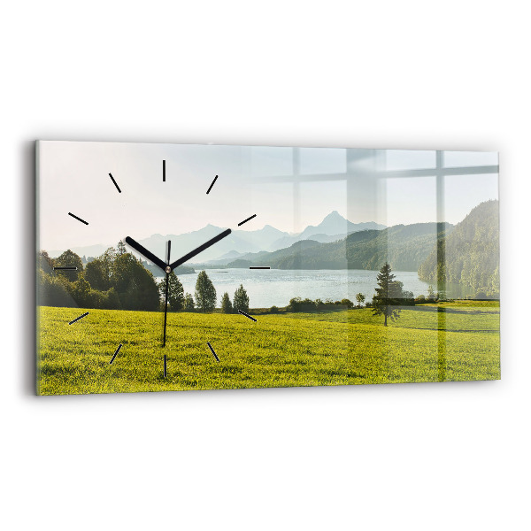 Glass wall clock rectangular Mountains and field