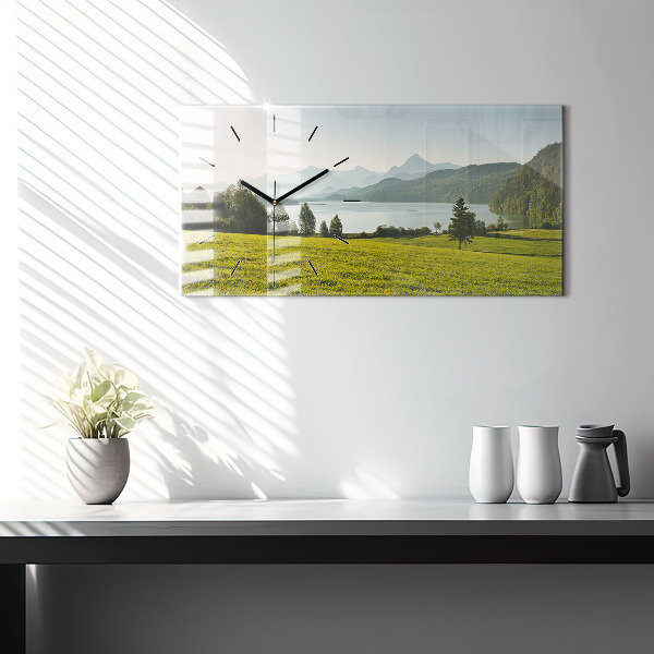 Glass wall clock rectangular Mountains and field
