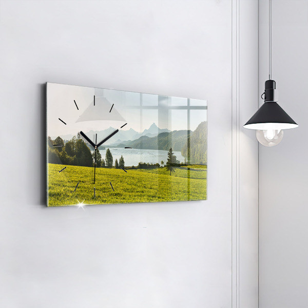 Glass wall clock rectangular Mountains and field