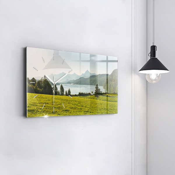 Glass wall clock rectangular Mountains and field