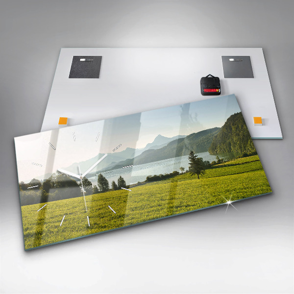 Glass wall clock rectangular Mountains and field