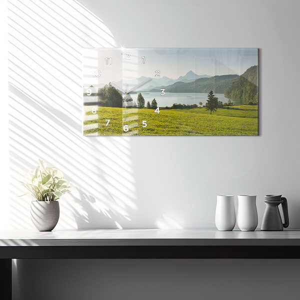 Glass wall clock rectangular Mountains and field