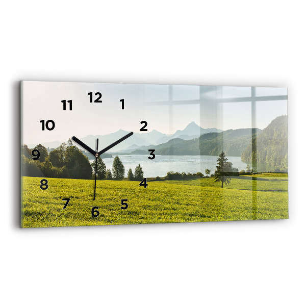 Glass wall clock rectangular Mountains and field