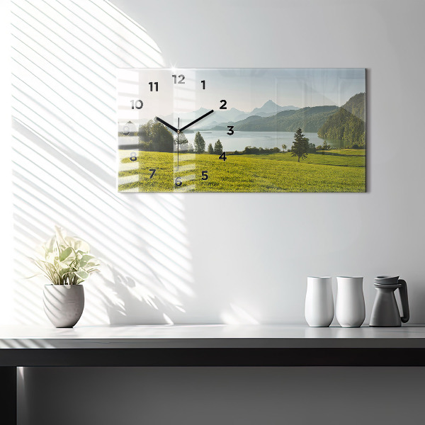 Glass wall clock rectangular Mountains and field
