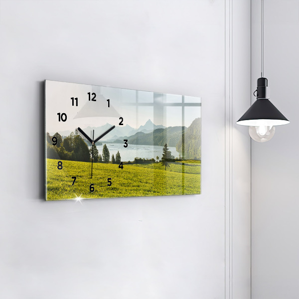 Glass wall clock rectangular Mountains and field