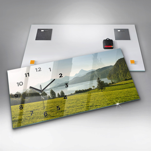 Glass wall clock rectangular Mountains and field