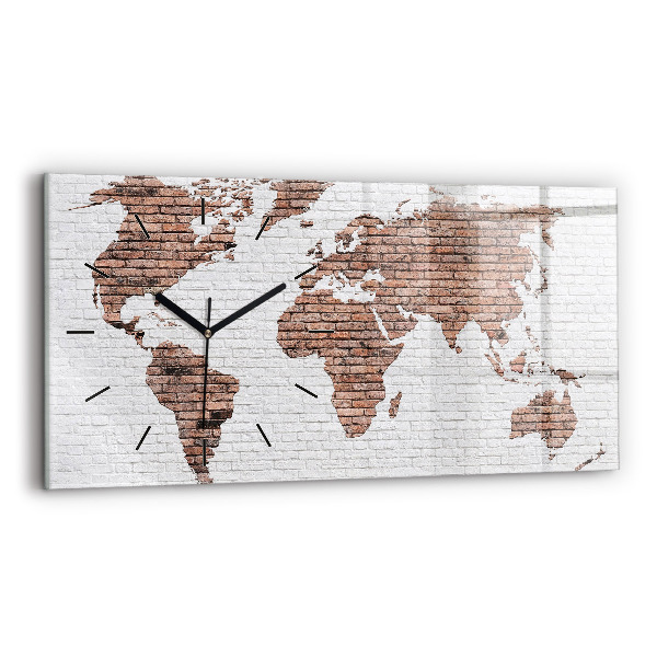 Glass wall clock rectangular Brick world map