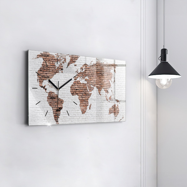 Glass wall clock rectangular Brick world map