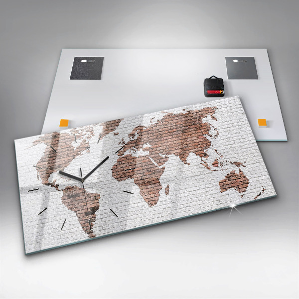 Glass wall clock rectangular Brick world map