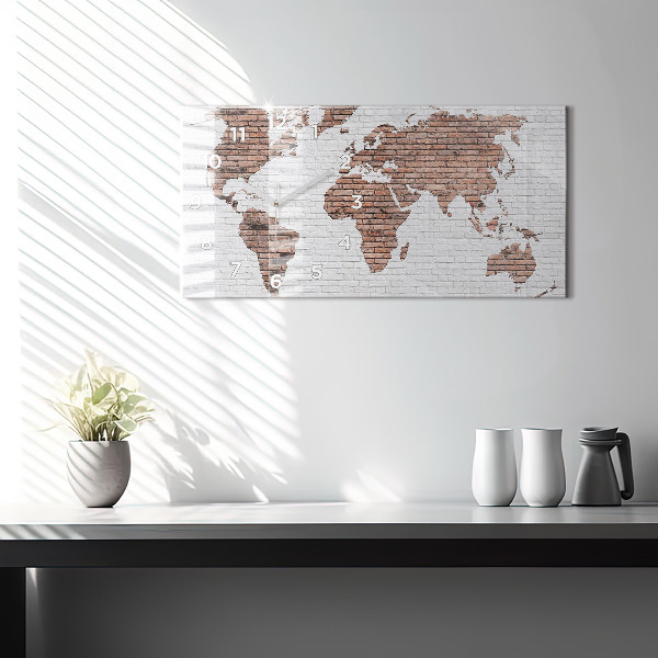 Glass wall clock rectangular Brick world map