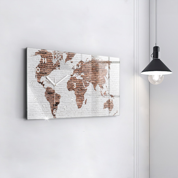 Glass wall clock rectangular Brick world map
