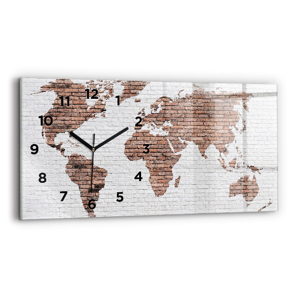 Glass wall clock rectangular Brick world map