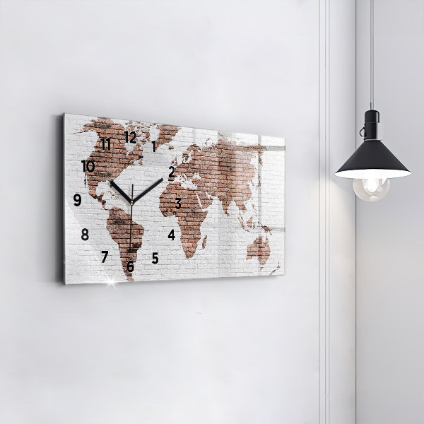 Glass wall clock rectangular Brick world map