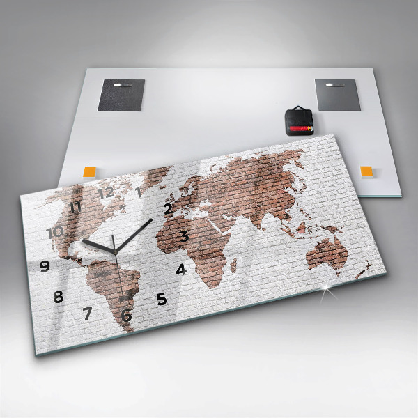 Glass wall clock rectangular Brick world map