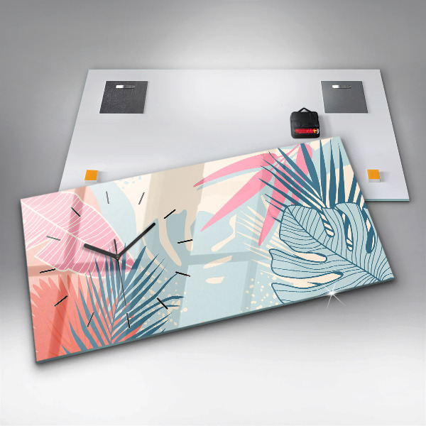 Glass wall clock rectangular Pastel leaves