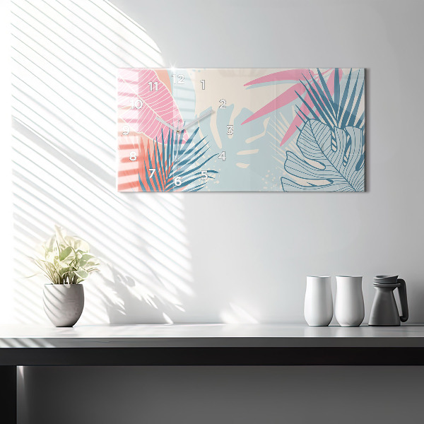 Glass wall clock rectangular Pastel leaves