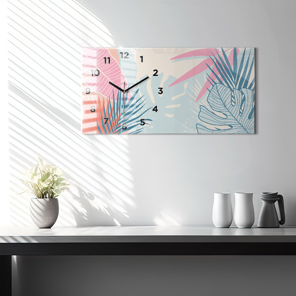 Glass wall clock rectangular Pastel leaves