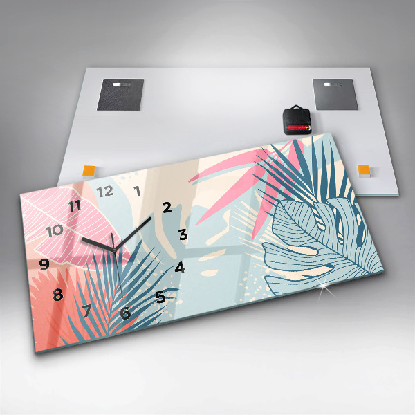 Glass wall clock rectangular Pastel leaves