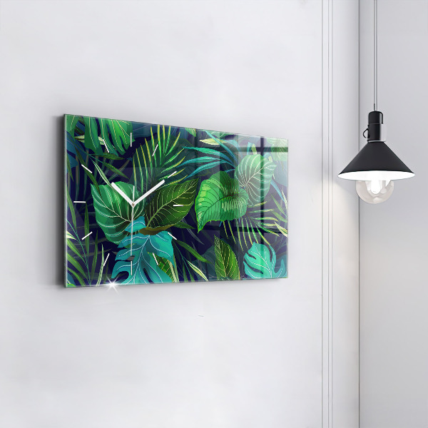 Glass wall clock rectangular Exotic leaves